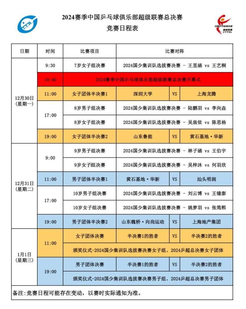 2024乒超联赛第二阶段赛程及举办地点