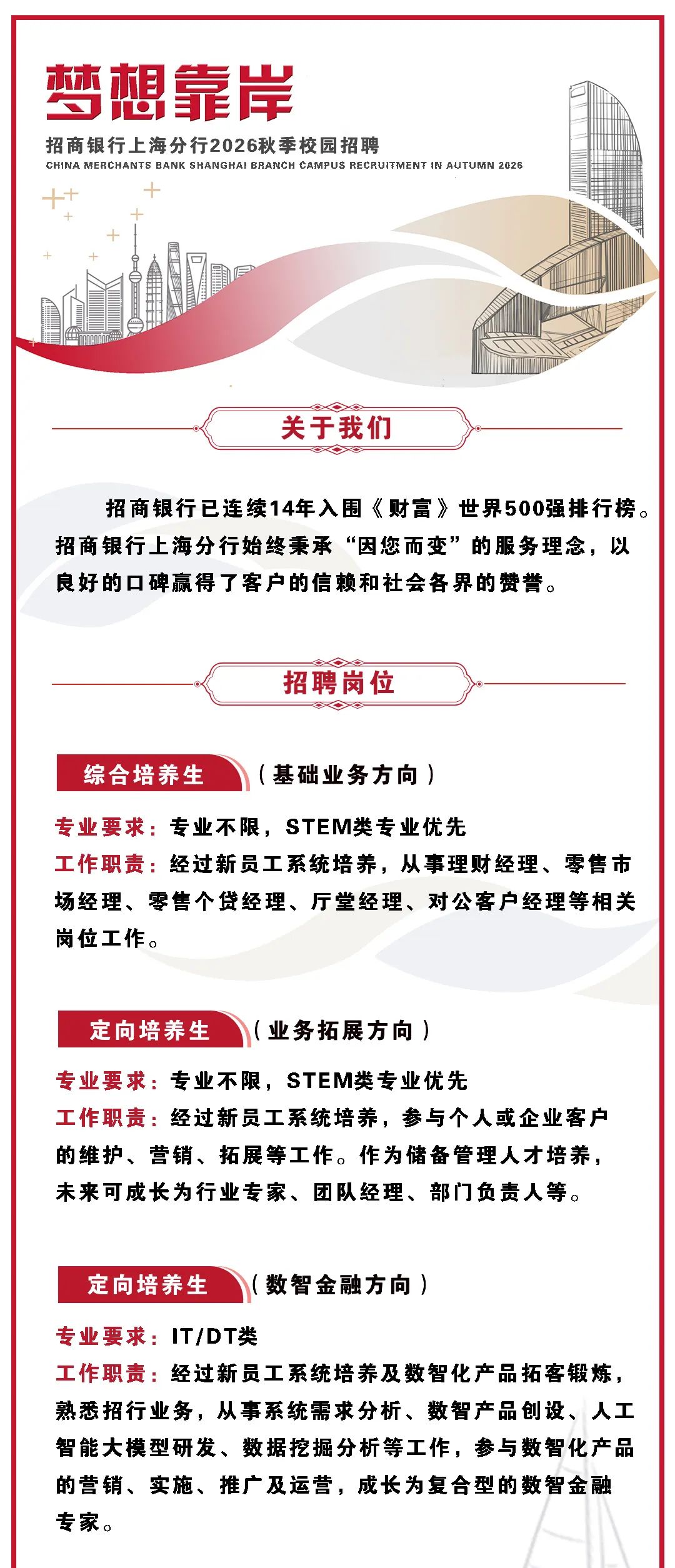 “梦想靠岸”招商银行上海分行2026校园招聘